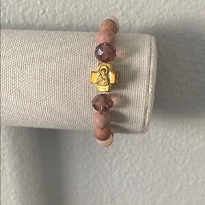 Virgin Mary 14k Gold Plated Bead & Glass/Rhodonite/Hematite Stretch Bracelet
